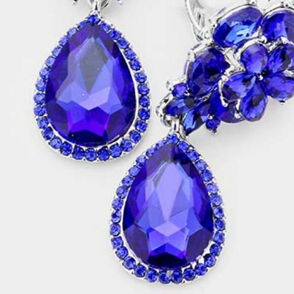 Flower Blue Crystal Teardrop Dangle Clip on Earrings NWT - Picture 3 of 6